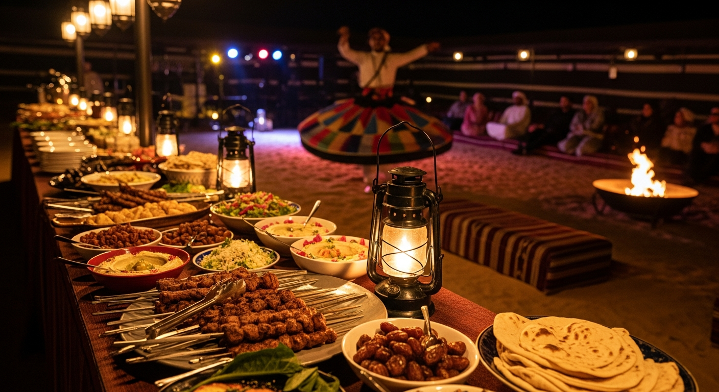 Arabian BBQ buffet dinner with grilled lamb skewers, hummus and dates beside a Tanoura dancer performing live show at Classic Desert Safari Dubai camp