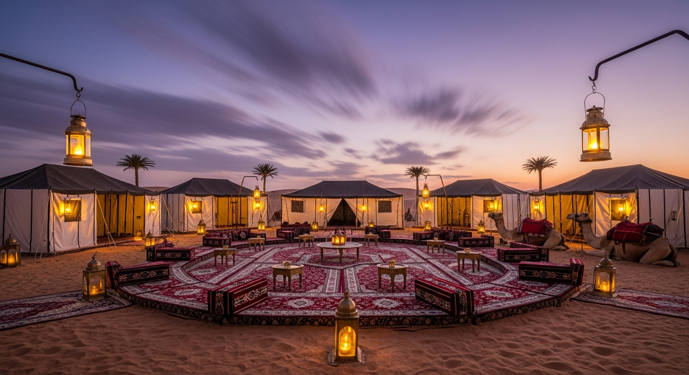Authentic Bedouin desert camp at twilight with traditional Persian carpets, brass lanterns, majlis seating and canvas tents in Dubai desert