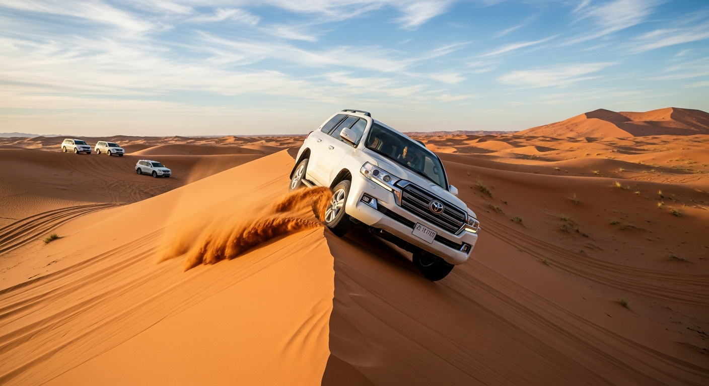 White Toyota Land Cruiser cresting a steep red sand dune ridge during dune bashing in Lahbab Desert Dubai with safari convoy in background