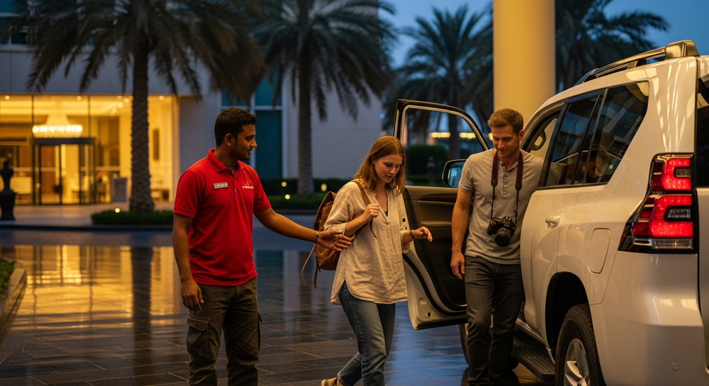 Desert safari driver in red polo shirt opening door of white Toyota Land Cruiser as tired-but-happy tourists return to modern Dubai hotel at blue hour evening after evening desert safari