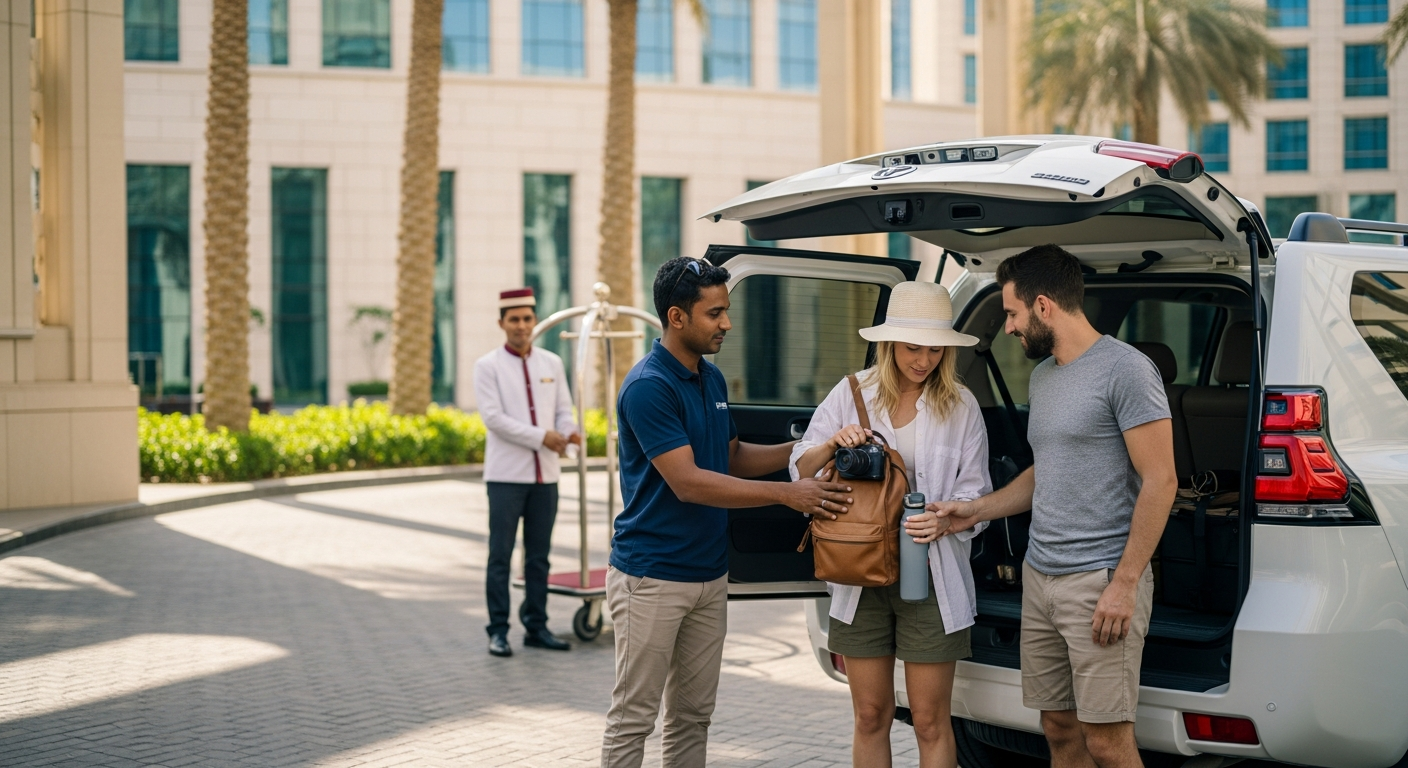 Desert safari driver in navy polo shirt helping international tourists load luggage into white Toyota Land Cruiser at modern Dubai hotel porte-cochere with uniformed porter nearby for evening safari pickup