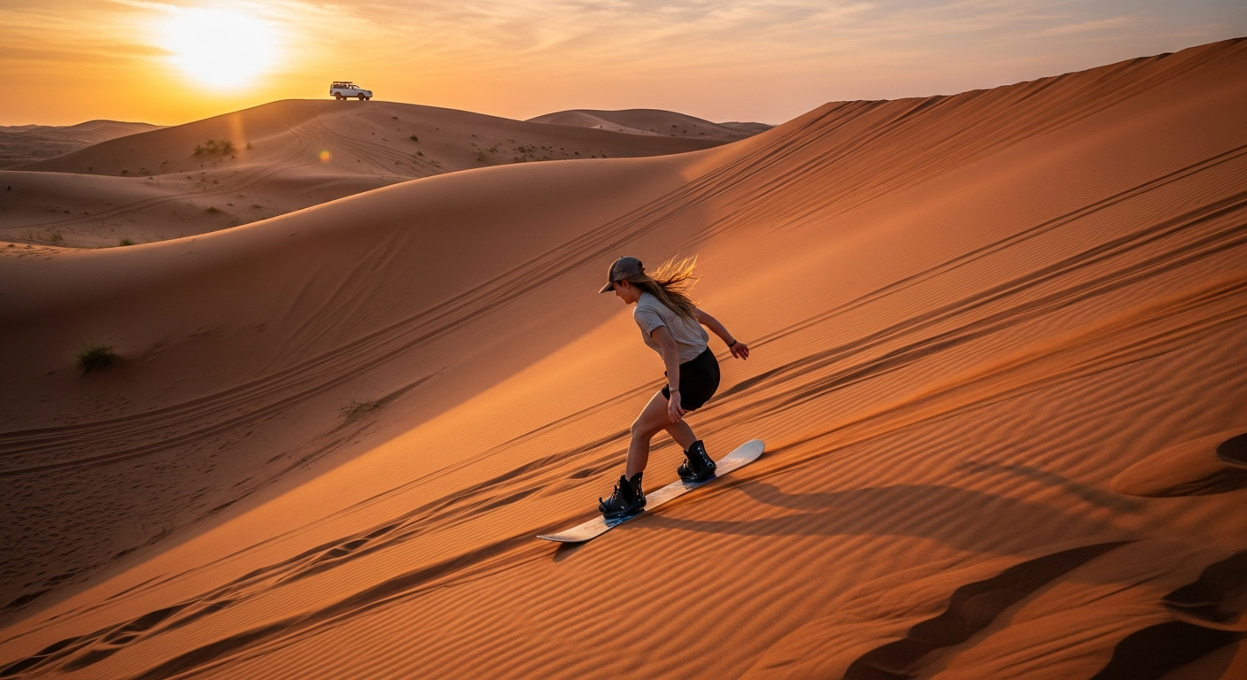 Tourist sandboarding down golden sand dune at sunset during Classic Desert Safari Dubai evening tour