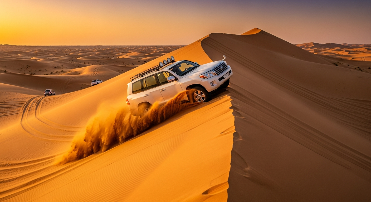 White Toyota Land Cruiser dune bashing on golden Abu Dhabi desert dunes at sunset