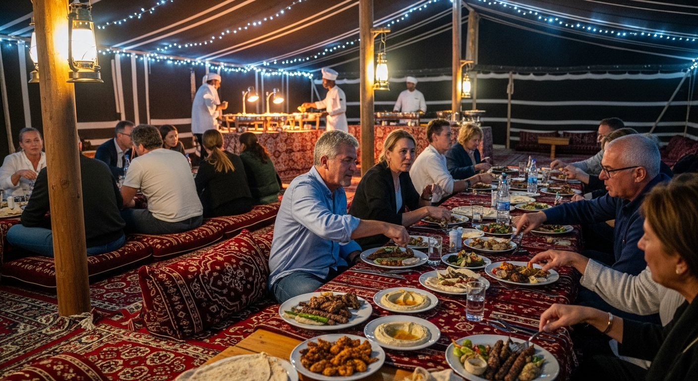 Guests enjoying BBQ dinner at traditional Bedouin camp with lanterns during evening desert safari Dubai