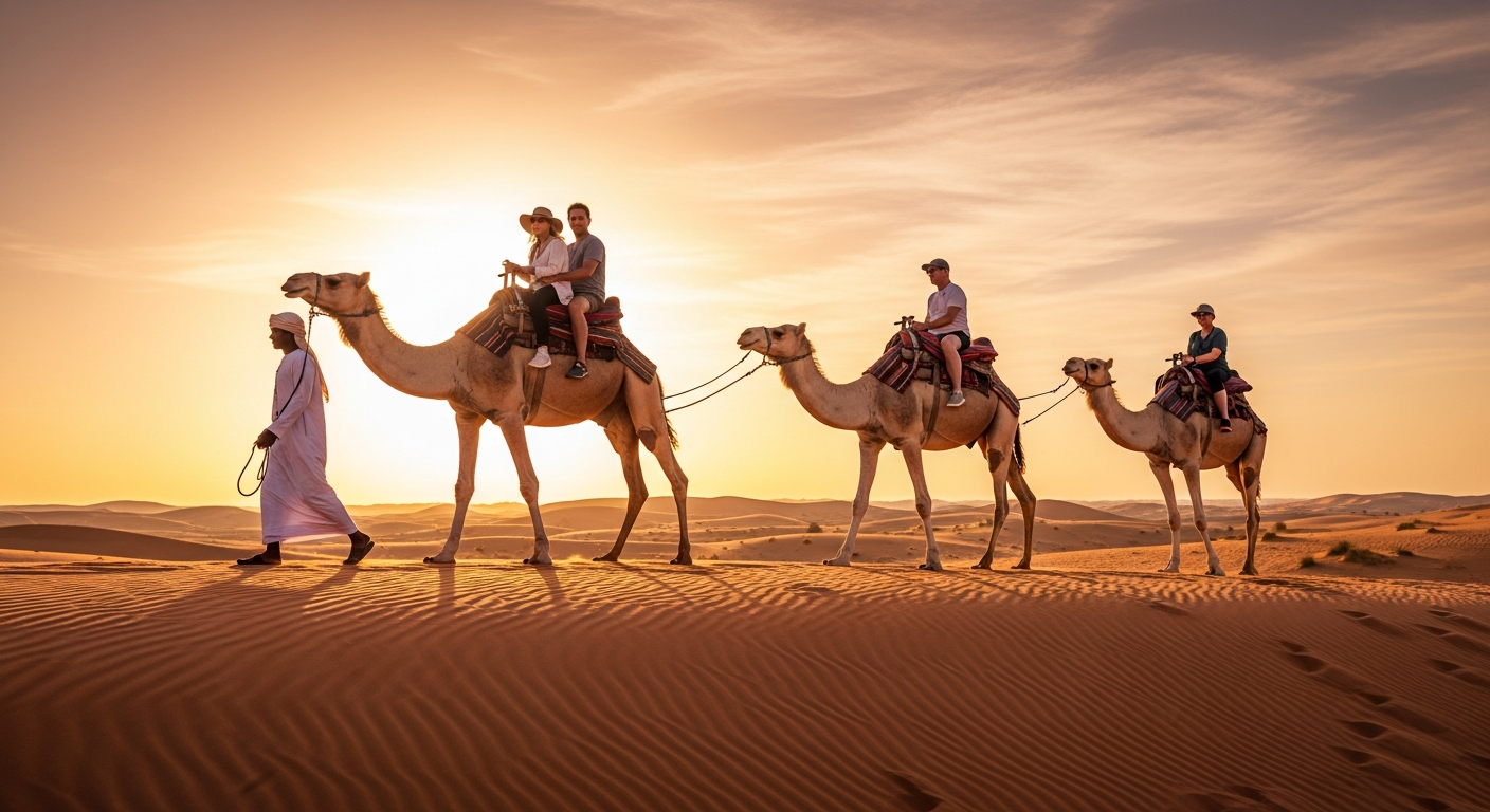 Camel caravan ride at sunset with Bedouin guide on Lahbab dunes evening desert safari Dubai