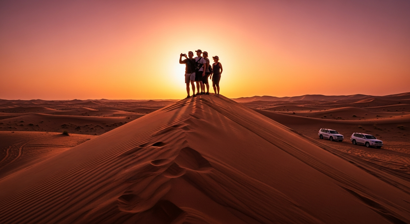 Tourists silhouetted on red dune crest watching desert sunset during evening safari Dubai