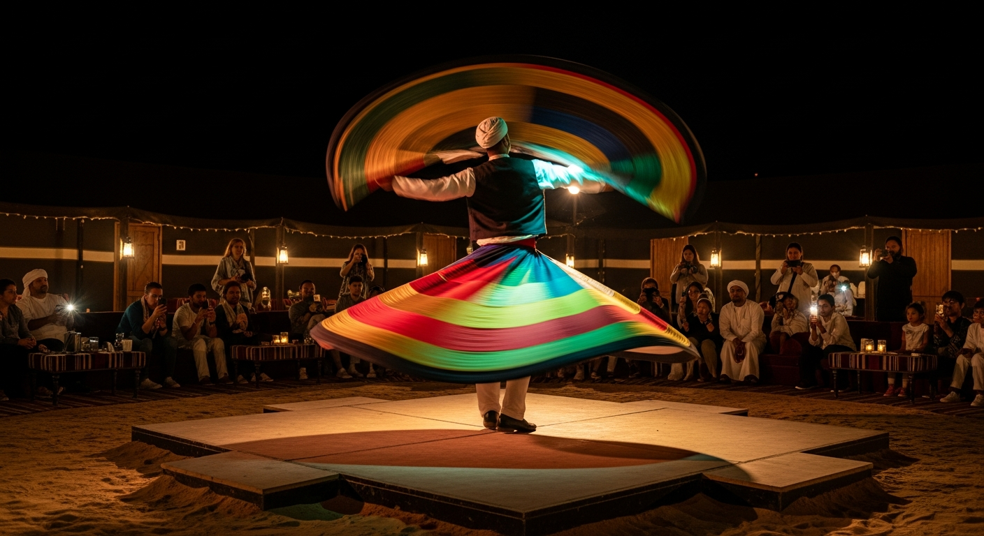 Tanoura dancer spinning in colorful skirt at desert camp night show evening safari Dubai