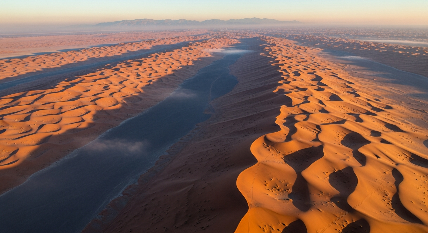 Aerial sunrise view of the red Margham desert from a hot air balloon at 4,000 feet in Dubai