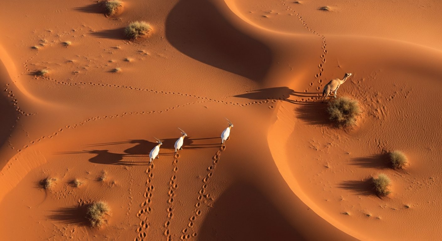 Arabian oryx and a camel spotted from a hot air balloon over the Dubai Desert Conservation Reserve