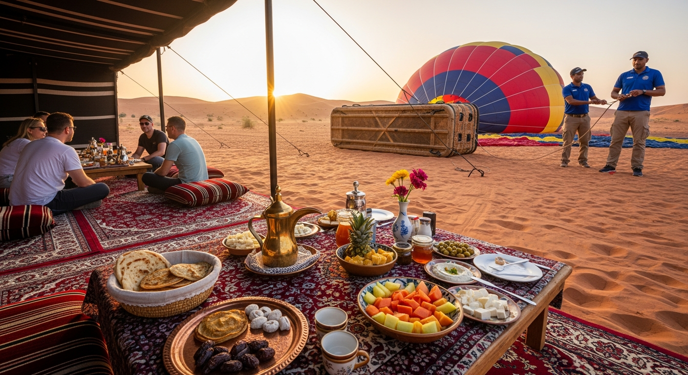 Deluxe Dubai hot air balloon flight Bedouin breakfast camp at sunrise with gourmet Arabic spread and landed balloon in the Margham desert