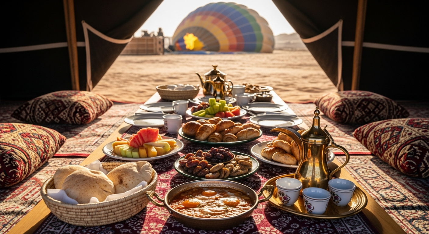 Gourmet Bedouin-style breakfast spread with Arabic coffee dallah pot after a Dubai hot air balloon flight