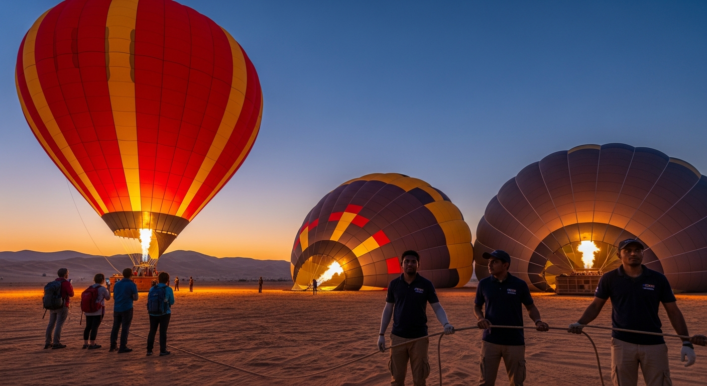 Colorful hot air balloons inflating at the Margham desert launch site at dawn with ground crew in Dubai
