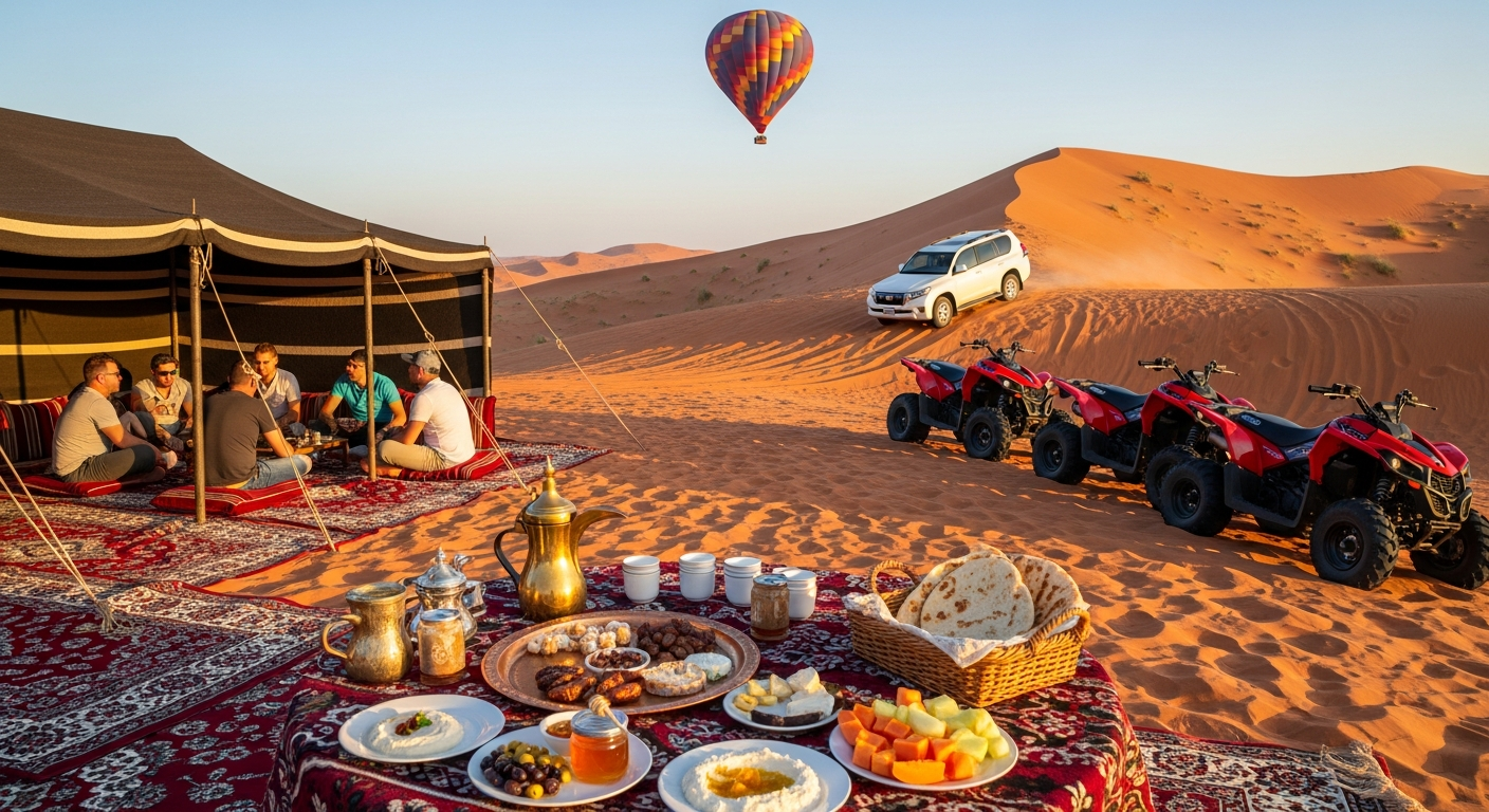 Premium Dubai hot air balloon flight VIP experience with Bedouin breakfast camp quad bikes and dune bashing Land Cruiser in the Margham desert at sunrise
