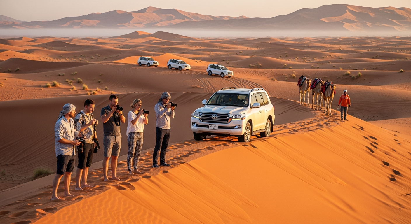 Morning desert safari Dubai with Land Cruisers and camels at sunrise in Lahbab