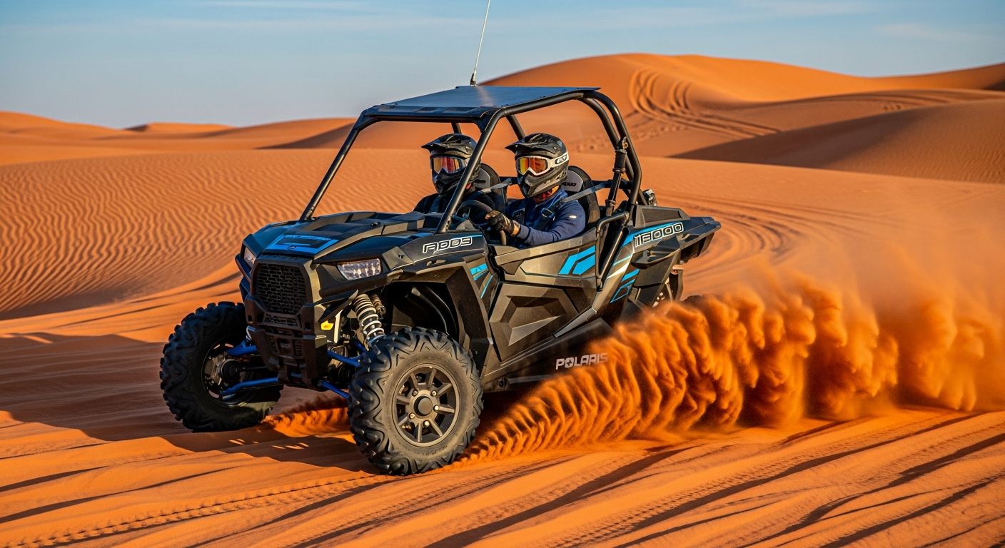 Polaris RZR 1000cc 2-seater dune buggy powering through red sand dunes in Dubai desert with two helmeted riders