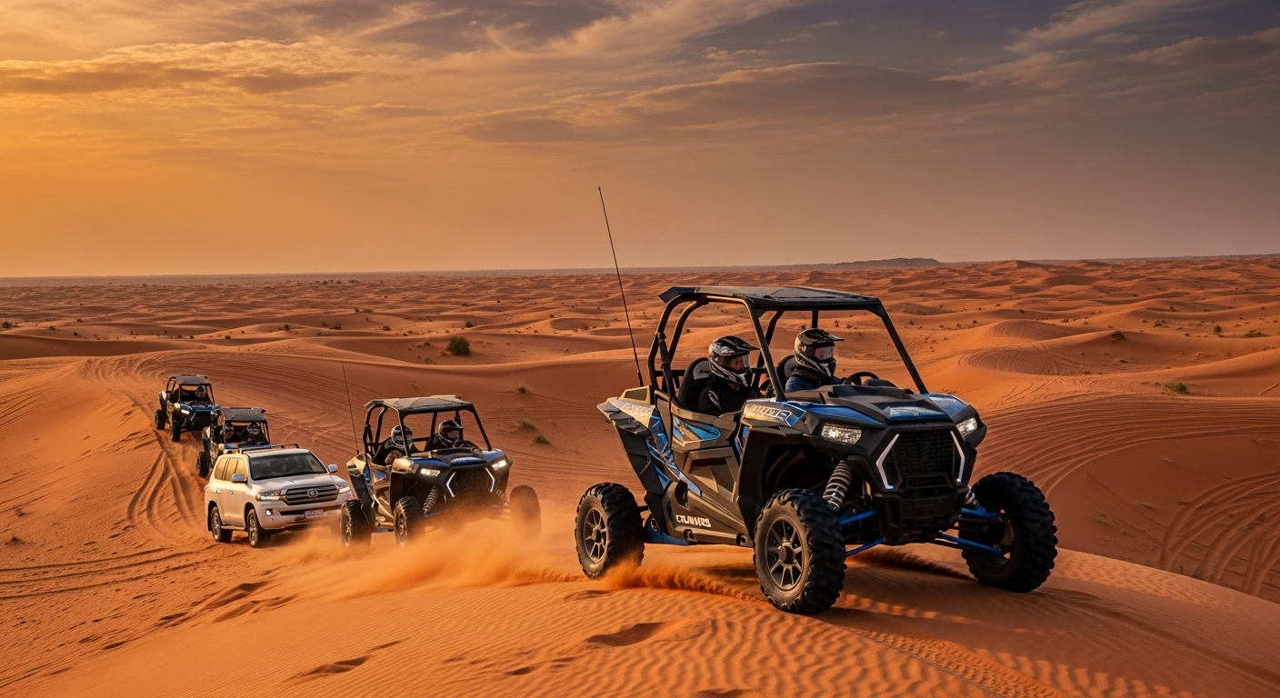 Convoy of Polaris RZR 1000cc dune buggies with guide Land Cruiser riding through red desert dunes at sunset in Dubai