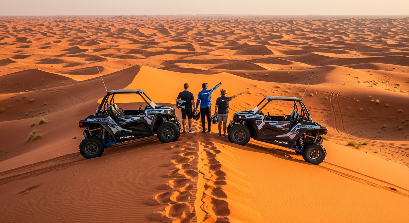 Two Polaris RZR buggies at photo stop on Big Red Dune with riders and guide overlooking red sand dunes at golden hour