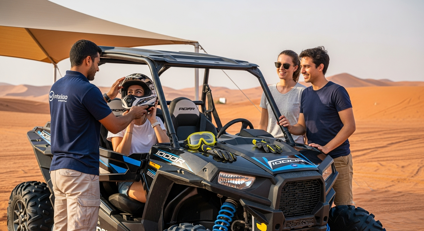 Professional guide fitting helmet on tourist during Polaris RZR 1000cc safety briefing at Dubai desert base camp