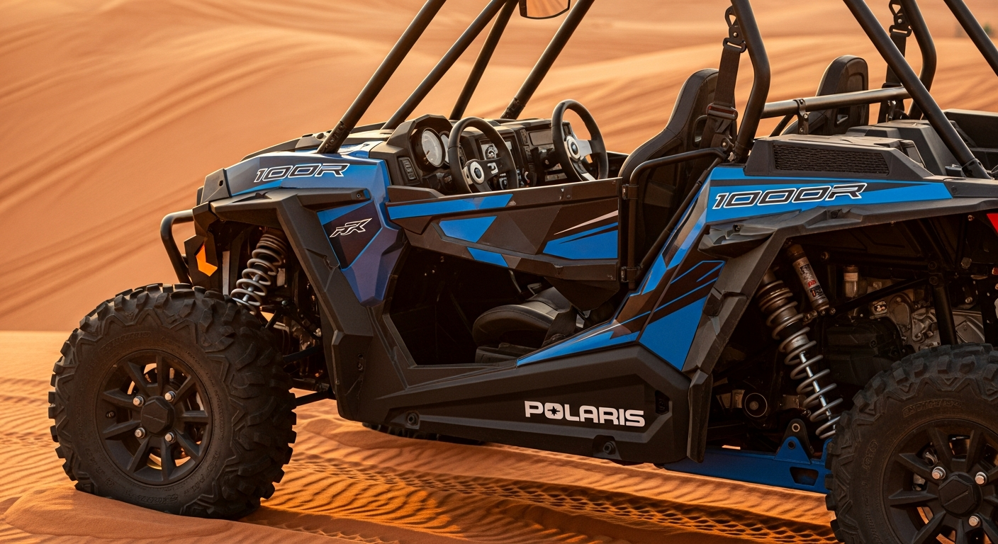 Close-up detail of Polaris RZR 1000cc dune buggy showing roll cage harnesses steering wheel and blue accent panels on red desert sand