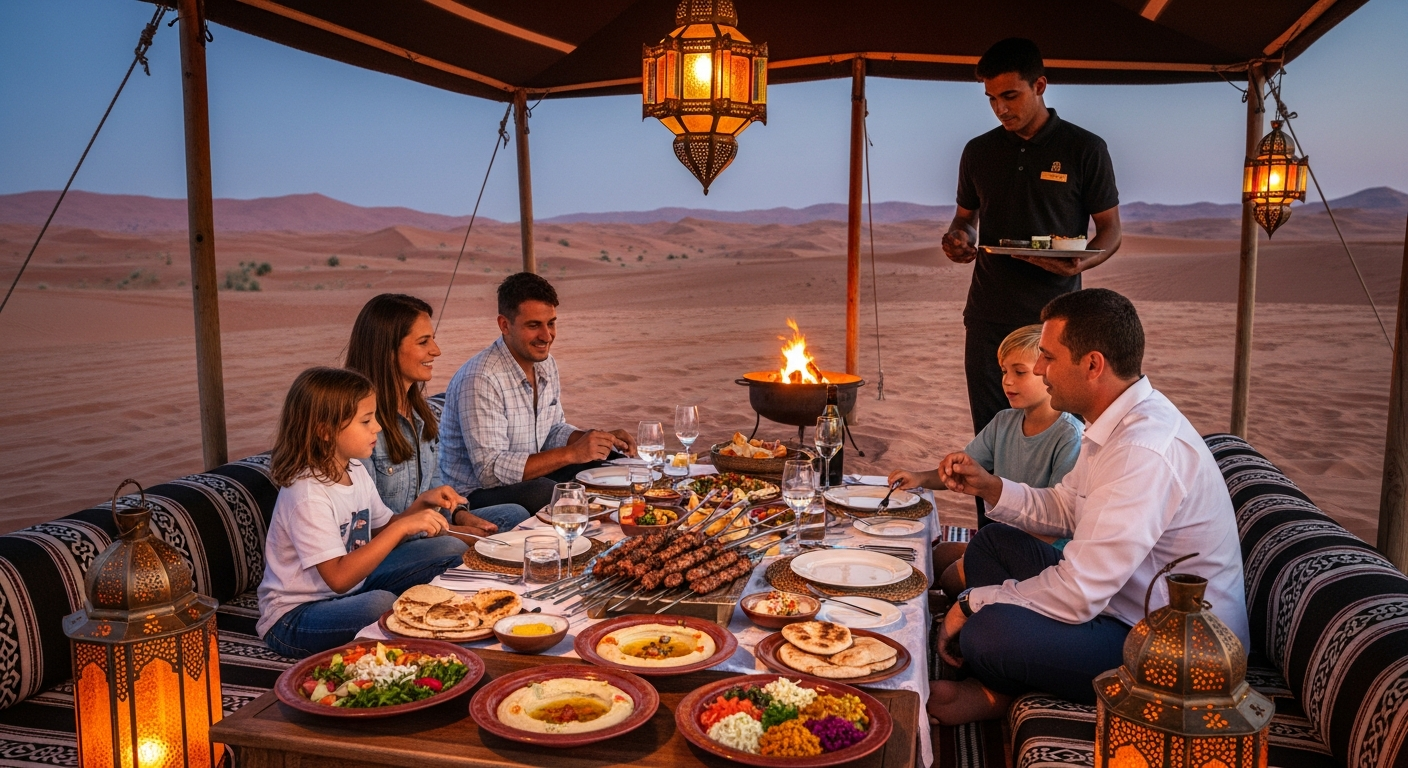 Private BBQ dinner with personal service at a desert camp in Dubai