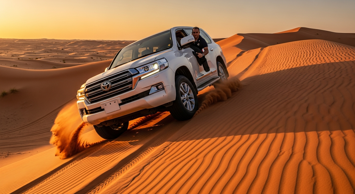 Private dune bashing in a dedicated Land Cruiser on Lahbab Red Dunes at golden hour