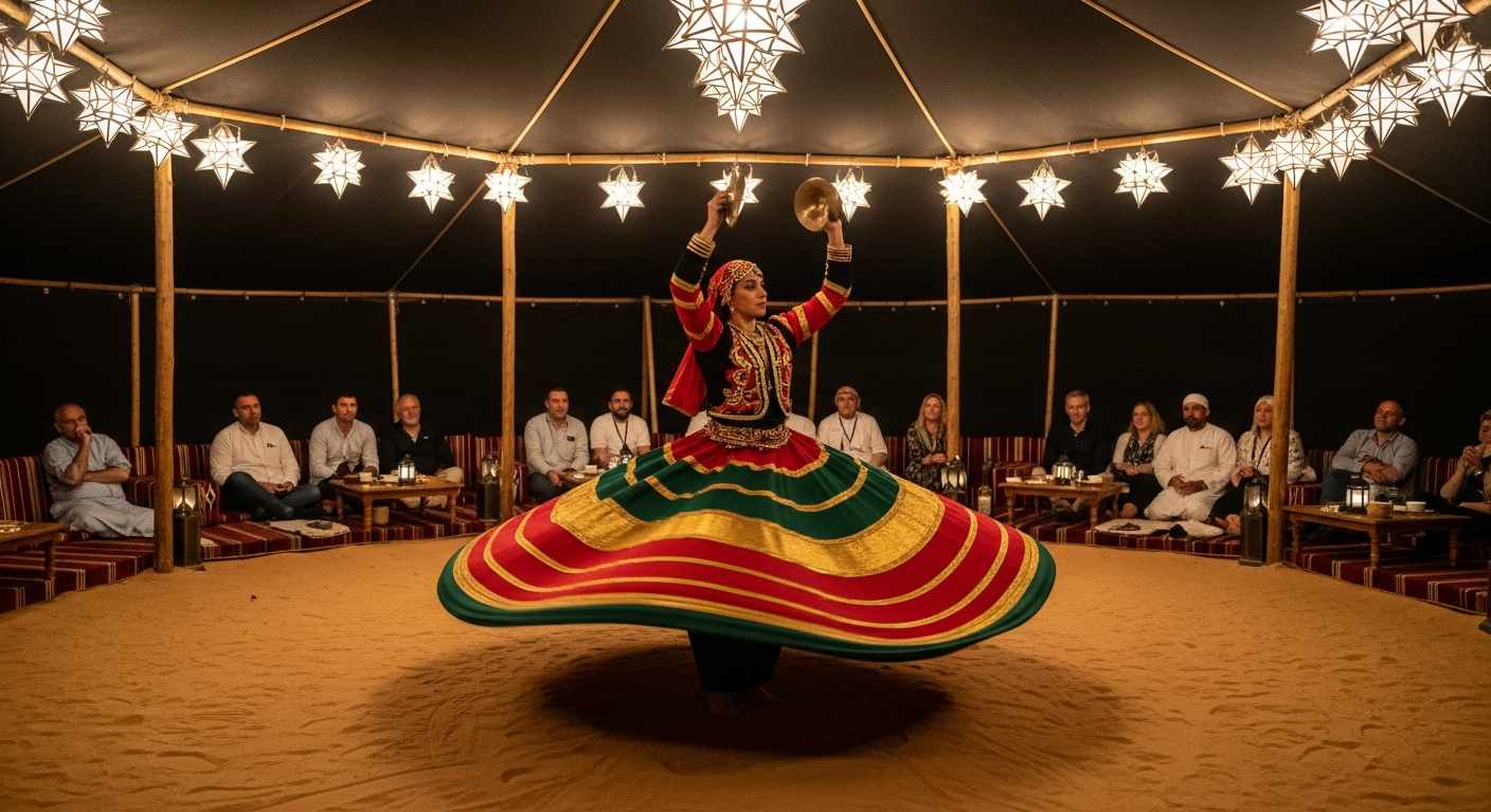 Tanoura dancer performing at a private desert camp in Dubai