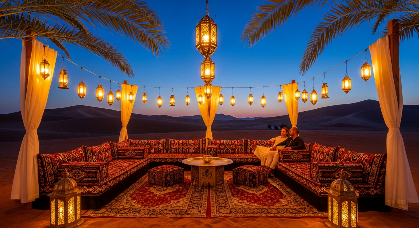 VIP Bedouin camp lounge with cushioned seating and lanterns in Dubai desert