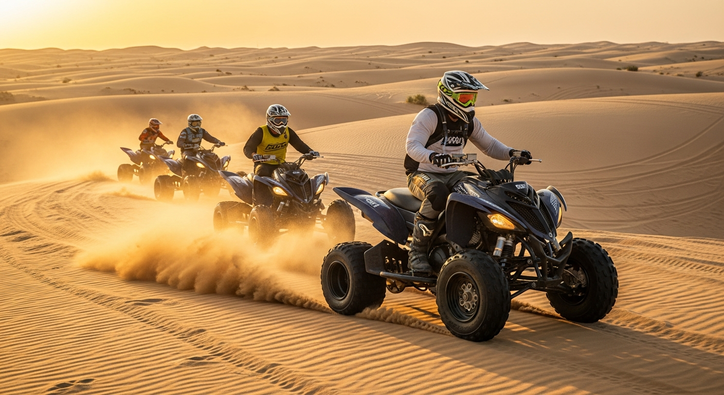 Quad biking convoy on golden Al Khatim dunes in Abu Dhabi at sunset