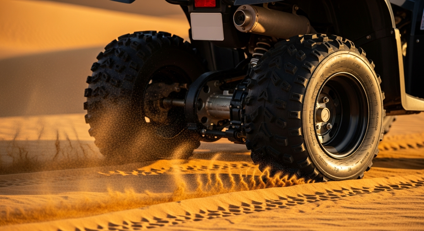 Close-up of ATV quad bike knobby tires gripping golden desert sand in Abu Dhabi