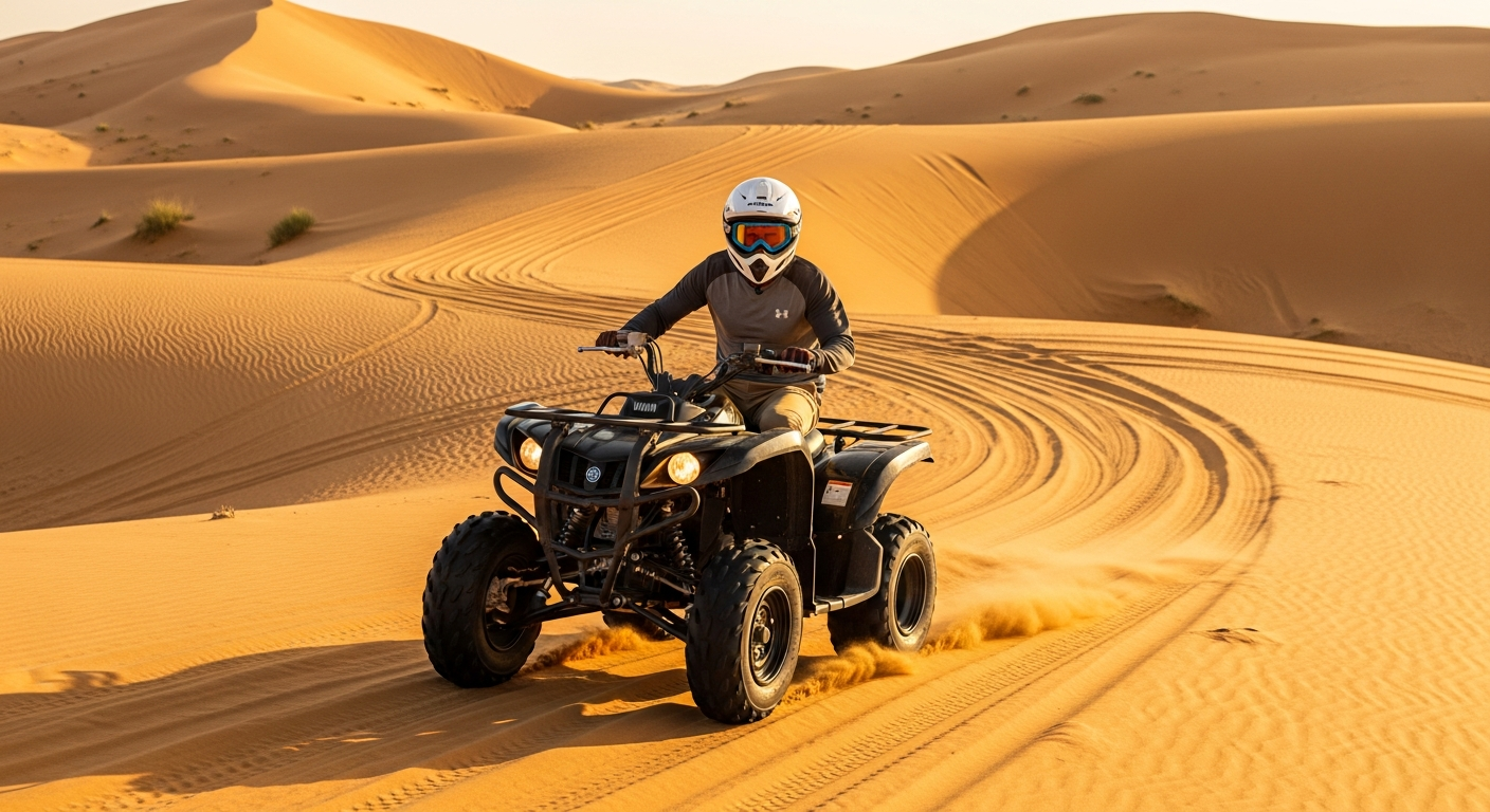 Quad bike rider navigating sandy trail between golden dunes in Abu Dhabi Al Khatim desert