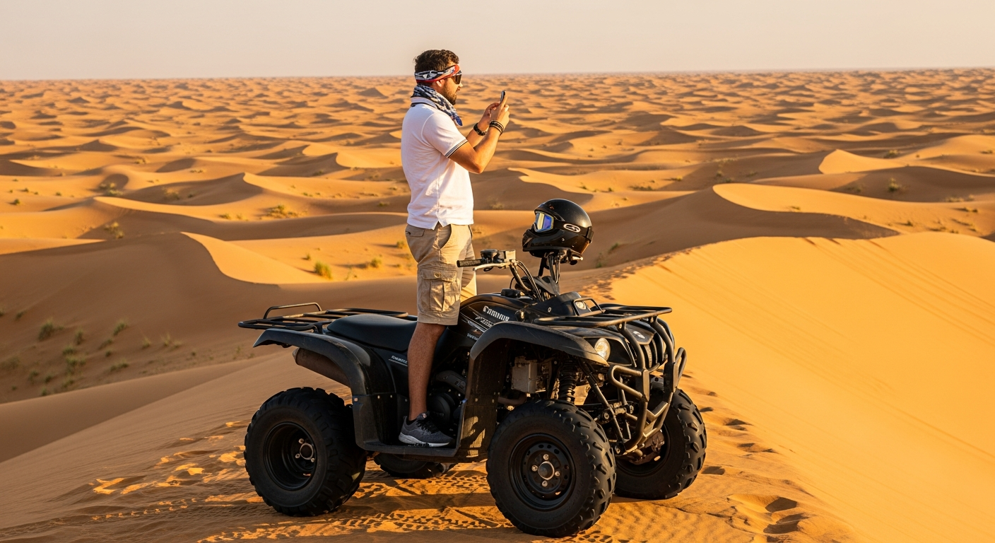 Tourist taking photo from quad bike on golden dune ridge overlooking Abu Dhabi desert panorama