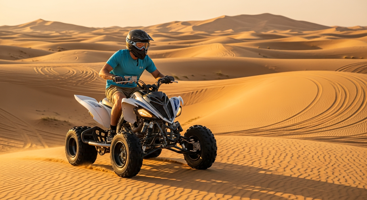 Rider on Yamaha ATV quad bike riding across golden sand dunes in Abu Dhabi Al Khatim desert