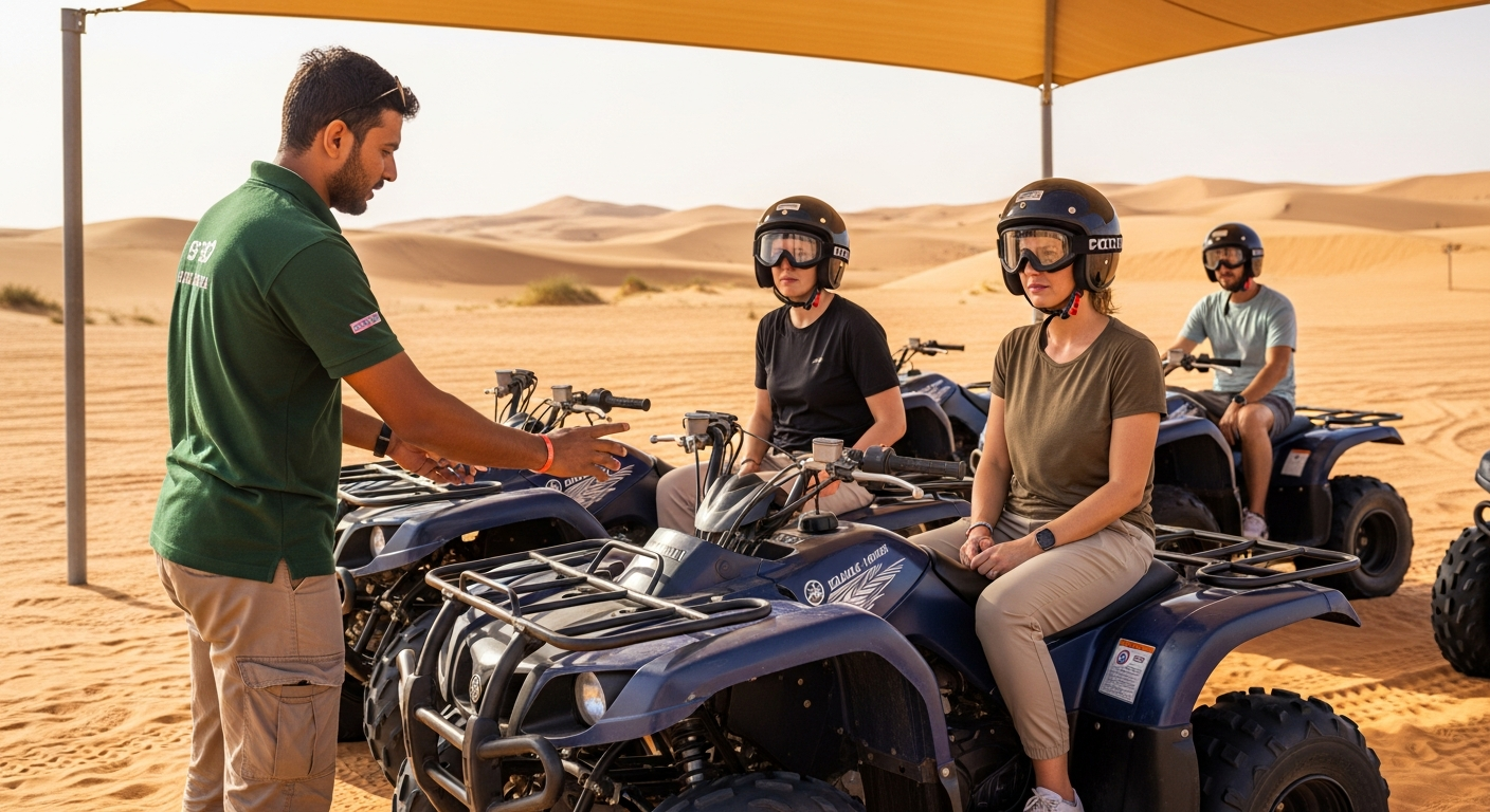 Instructor giving safety briefing to tourists on Yamaha quad bikes at Abu Dhabi desert base