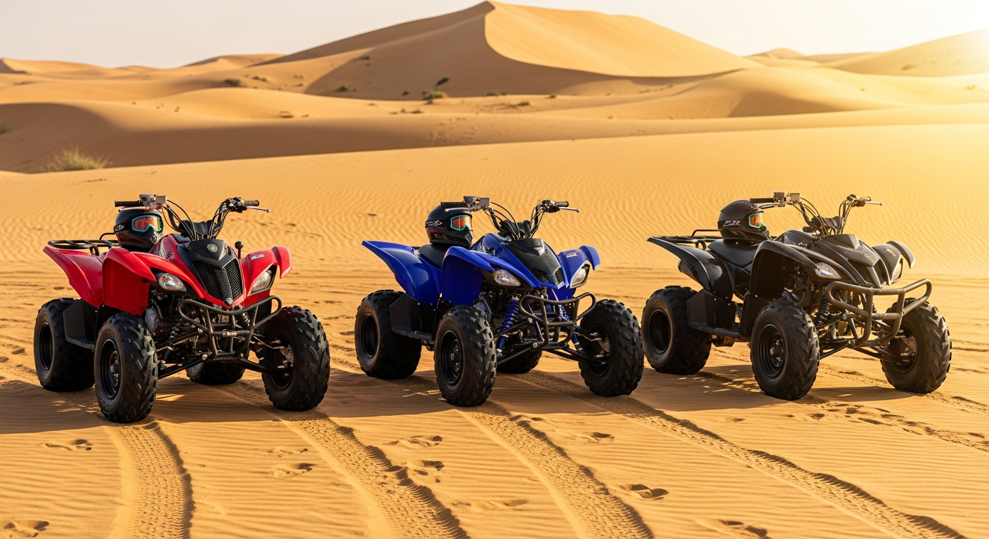 Three Yamaha ATV quad bikes lined up on golden Abu Dhabi desert sand before guided tour