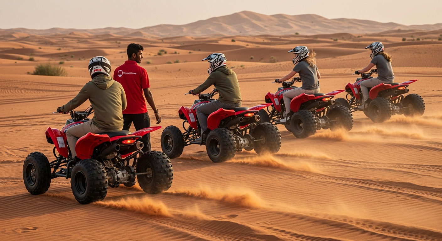 Group of international tourists riding Yamaha 700cc Raptors across Lahbab red dunes Dubai at sunset