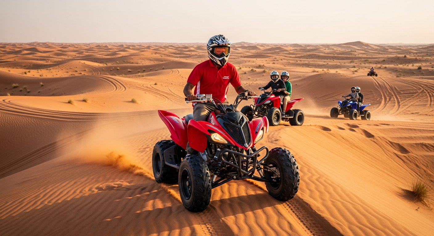 Dubai tour guide leading Yamaha 700cc Raptor convoy across Lahbab red dunes
