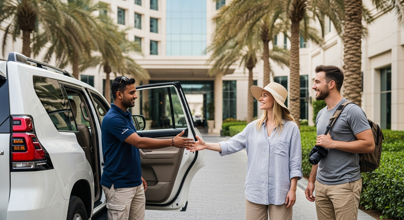 Dubai hotel pickup by Classic Desert Safari driver in white Toyota Land Cruiser Prado