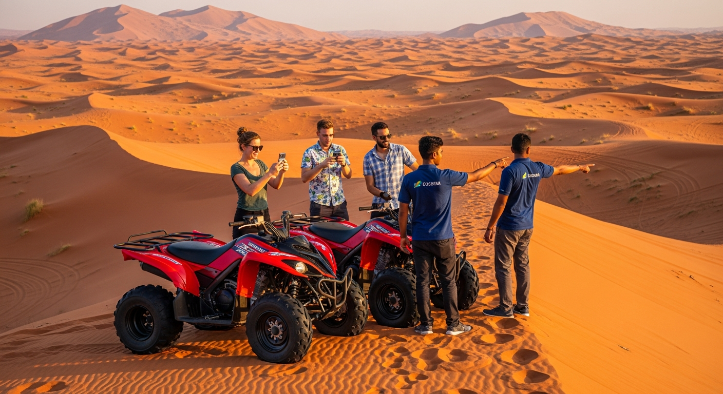 Quad biking Dubai photo stop at scenic Lahbab red dune viewpoint with tourists
