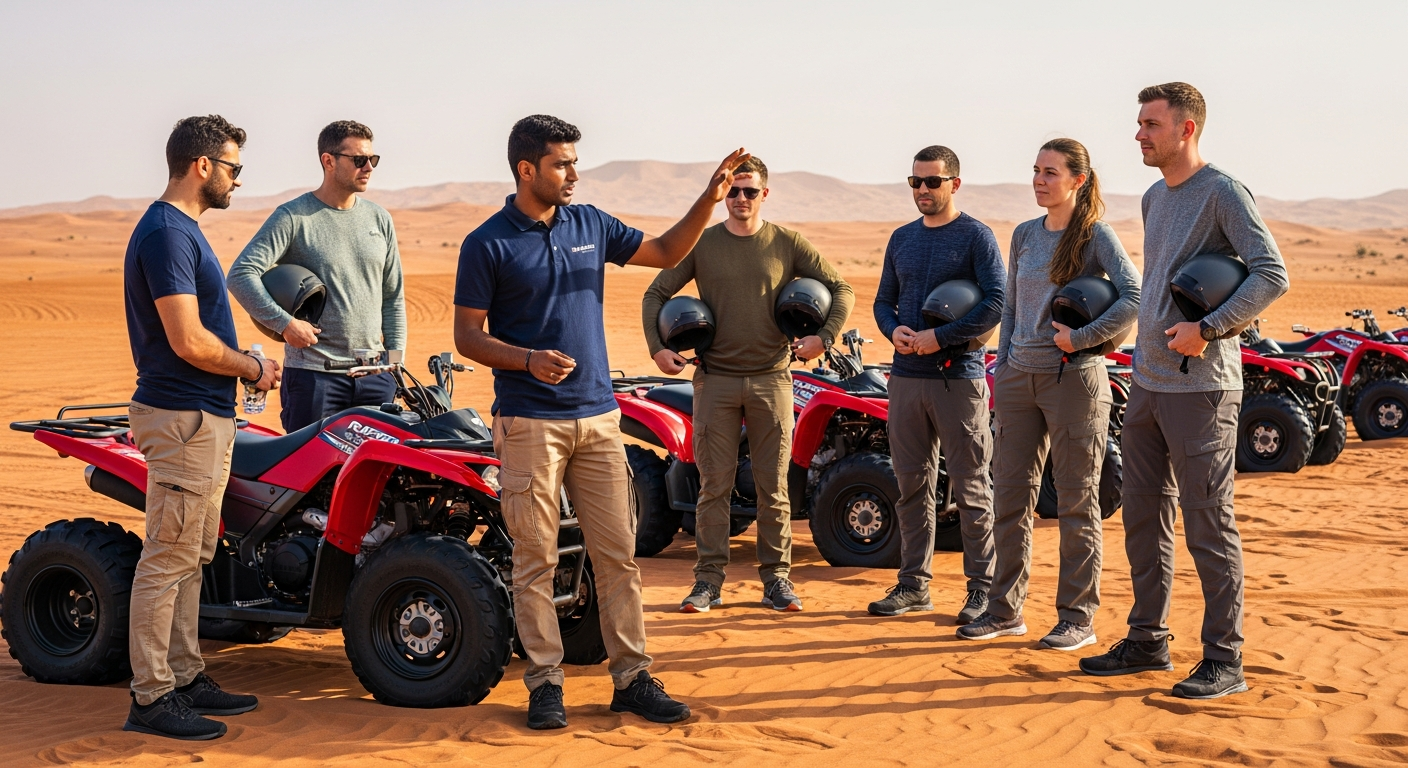 Professional guide briefing international tourists on Yamaha 700cc Raptor controls before Dubai desert ride
