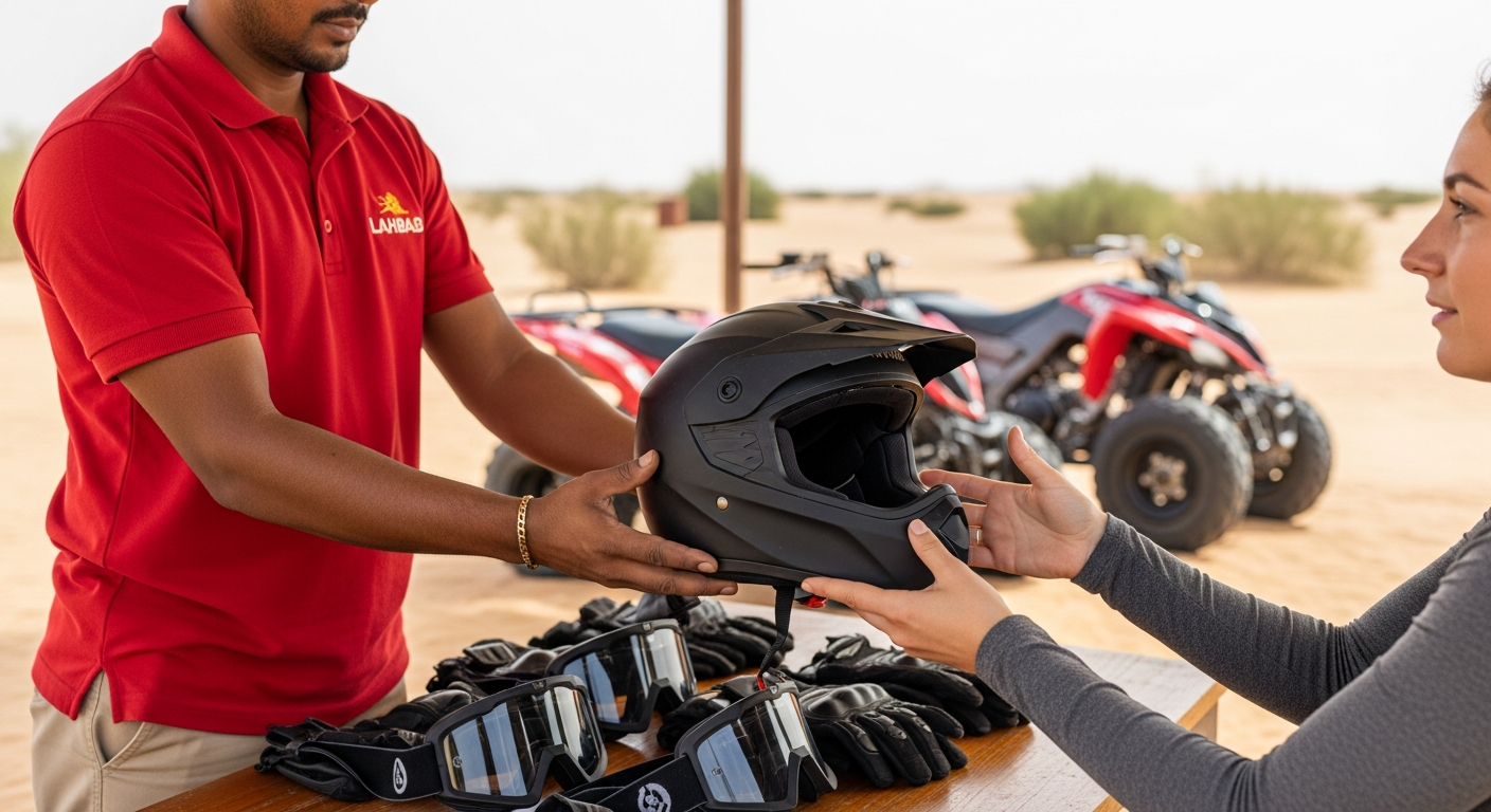 Quad biking Dubai safety gear handoff - helmet goggles and gloves at Lahbab base camp