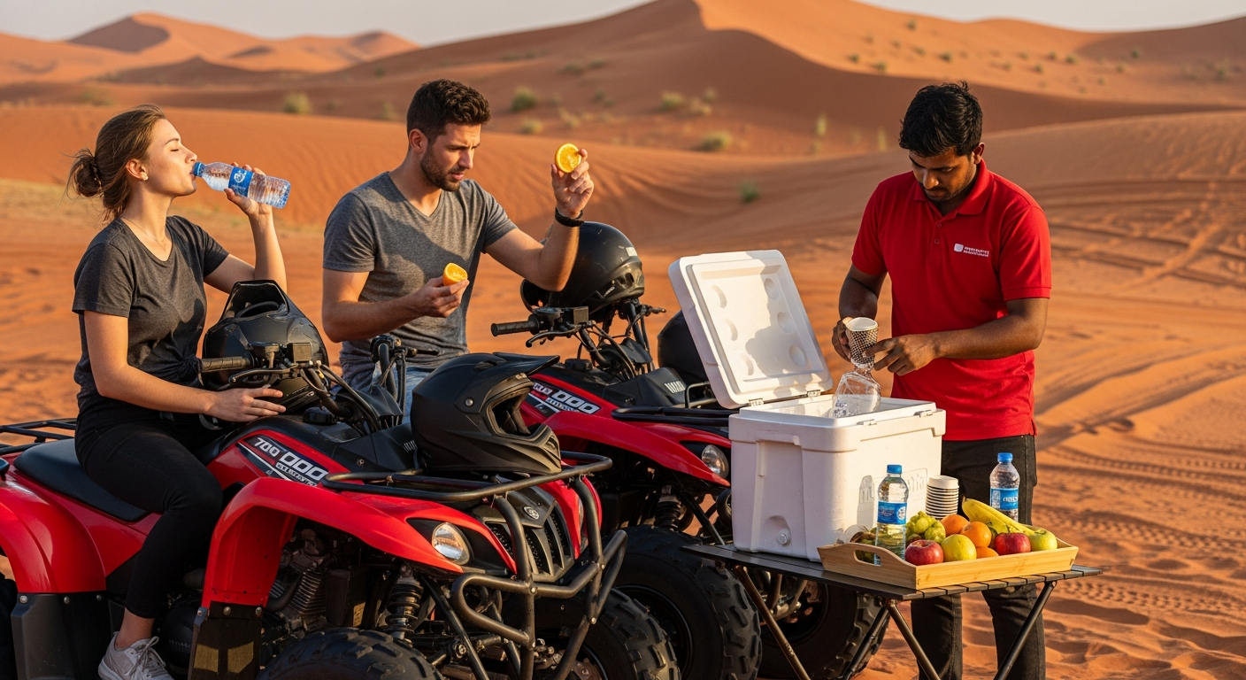 Water and refreshments break during Yamaha 700cc Raptor quad biking tour Dubai desert
