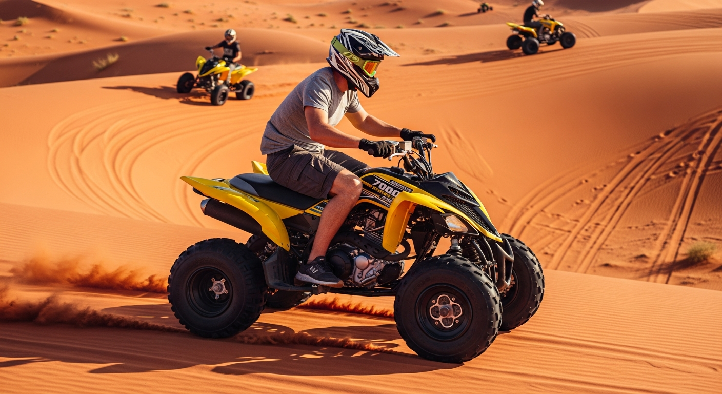Quad Biking Dubai on Yamaha 700cc Raptor ATV across Lahbab red dunes
