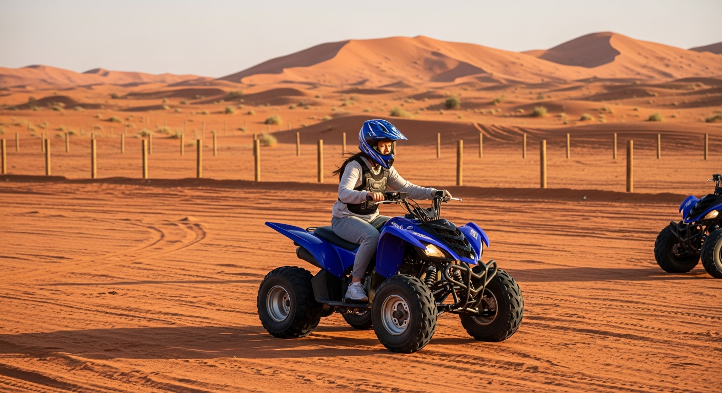 Blue Yamaha 220CC beginner quad bike ride in fenced area Lahbab Dubai
