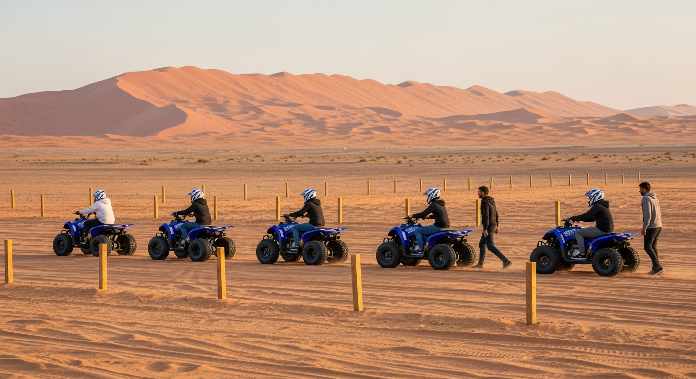 Group of five blue Yamaha 220CC quad bikes riding in fenced area Lahbab Dubai