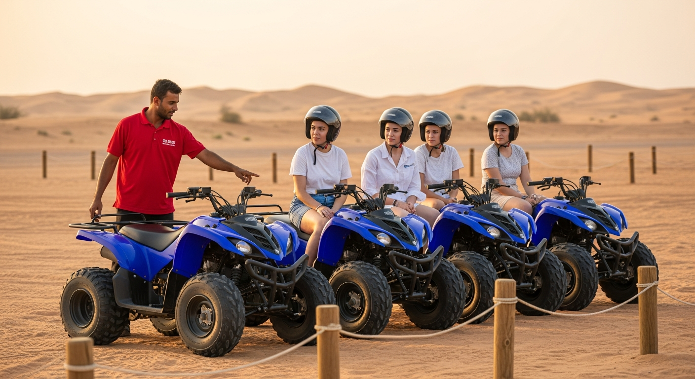 Professional guide briefing tourists on blue Yamaha 220CC quad bikes Lahbab Dubai
