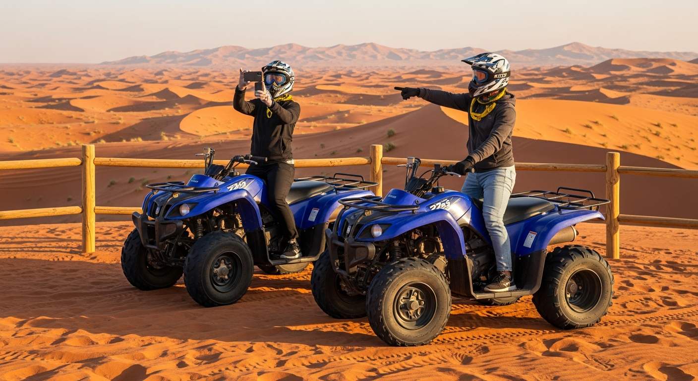 Tourists taking photos at scenic viewpoint with blue Yamaha 220CC quad bikes Lahbab Dubai