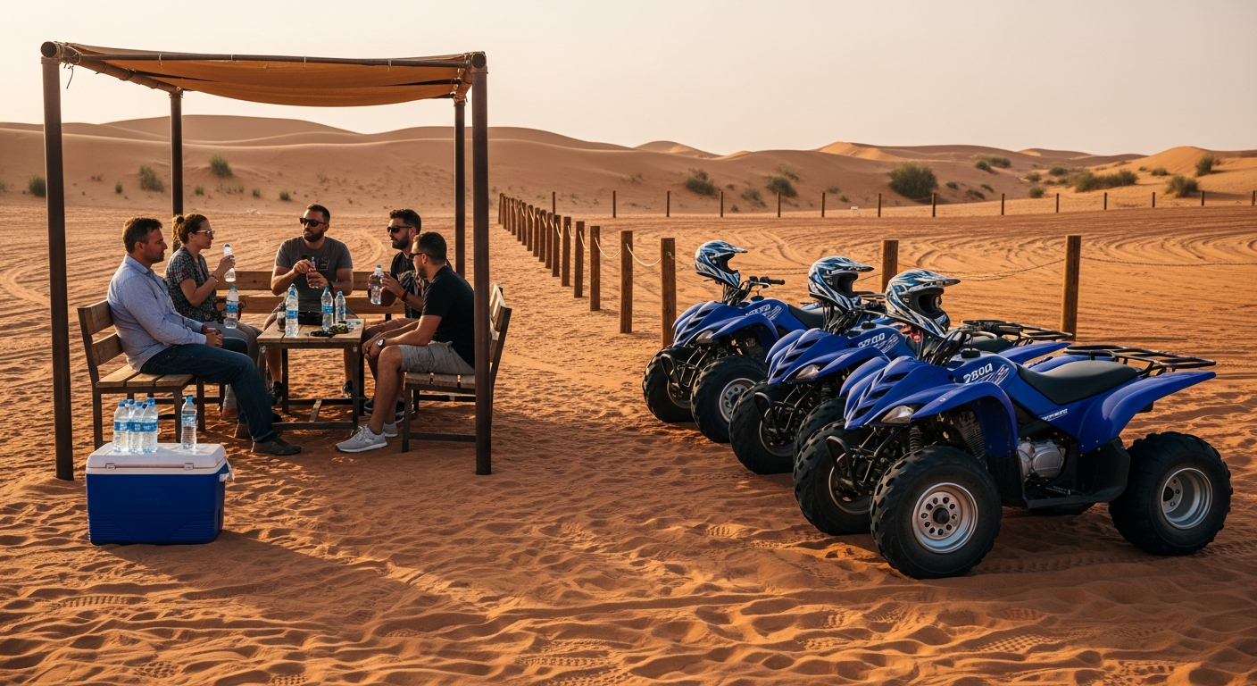 Water and refreshment break during Yamaha 220CC quad biking Dubai fenced area