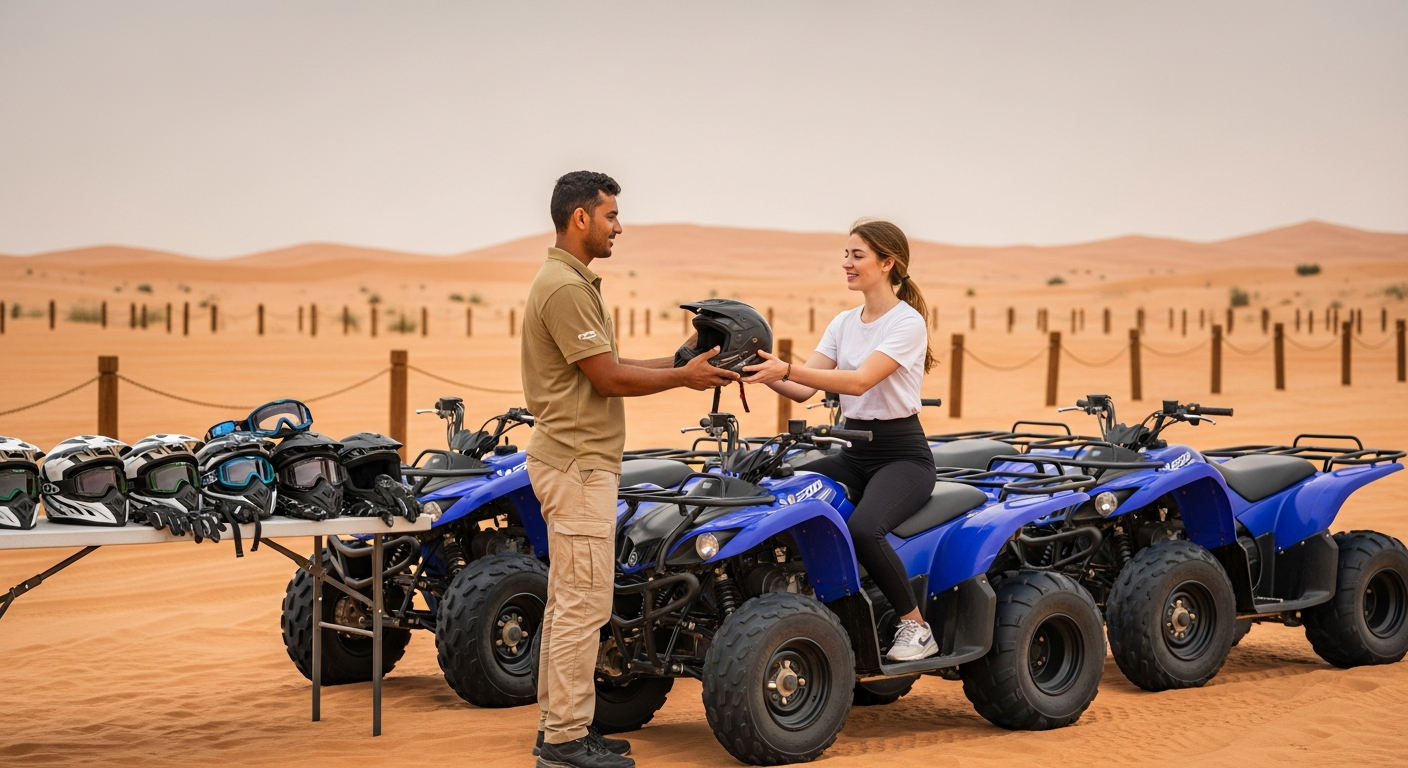 Safety gear helmet handover for Yamaha 220CC quad biking Dubai fenced area