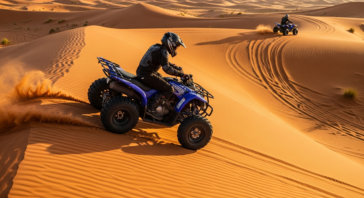 Blue Yamaha 400CC quad bike rider powering through Lahbab red dunes Dubai
