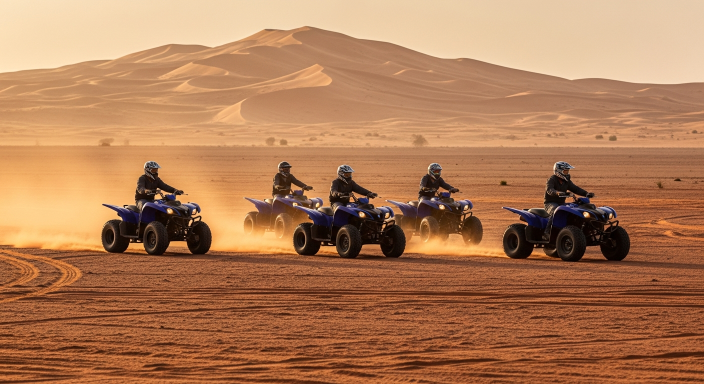 Group of blue Yamaha 400CC quad bikes riding in formation across Lahbab dunes Dubai